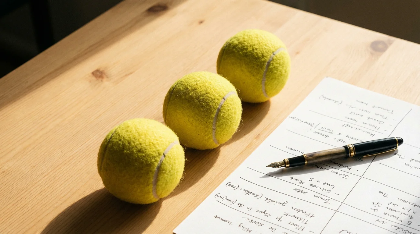 Varias pelotas de tenis sobre una mesa junto a un bolígrafo y una hoja con anotaciones