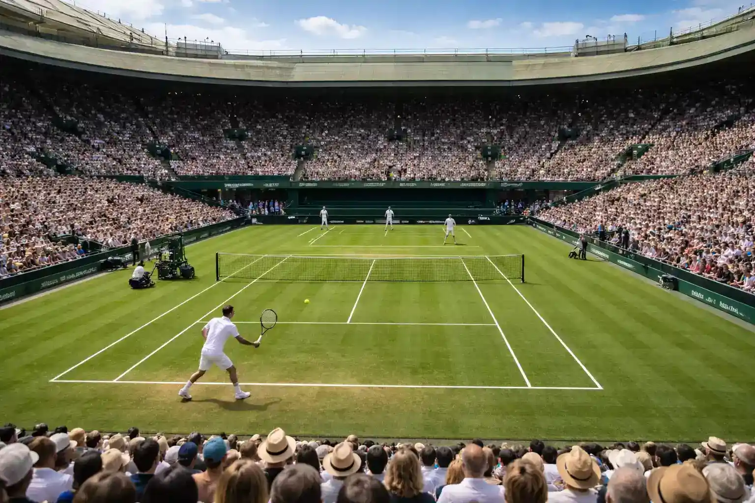 Estadio de tenis repleto de espectadores durante un partido de Grand Slam