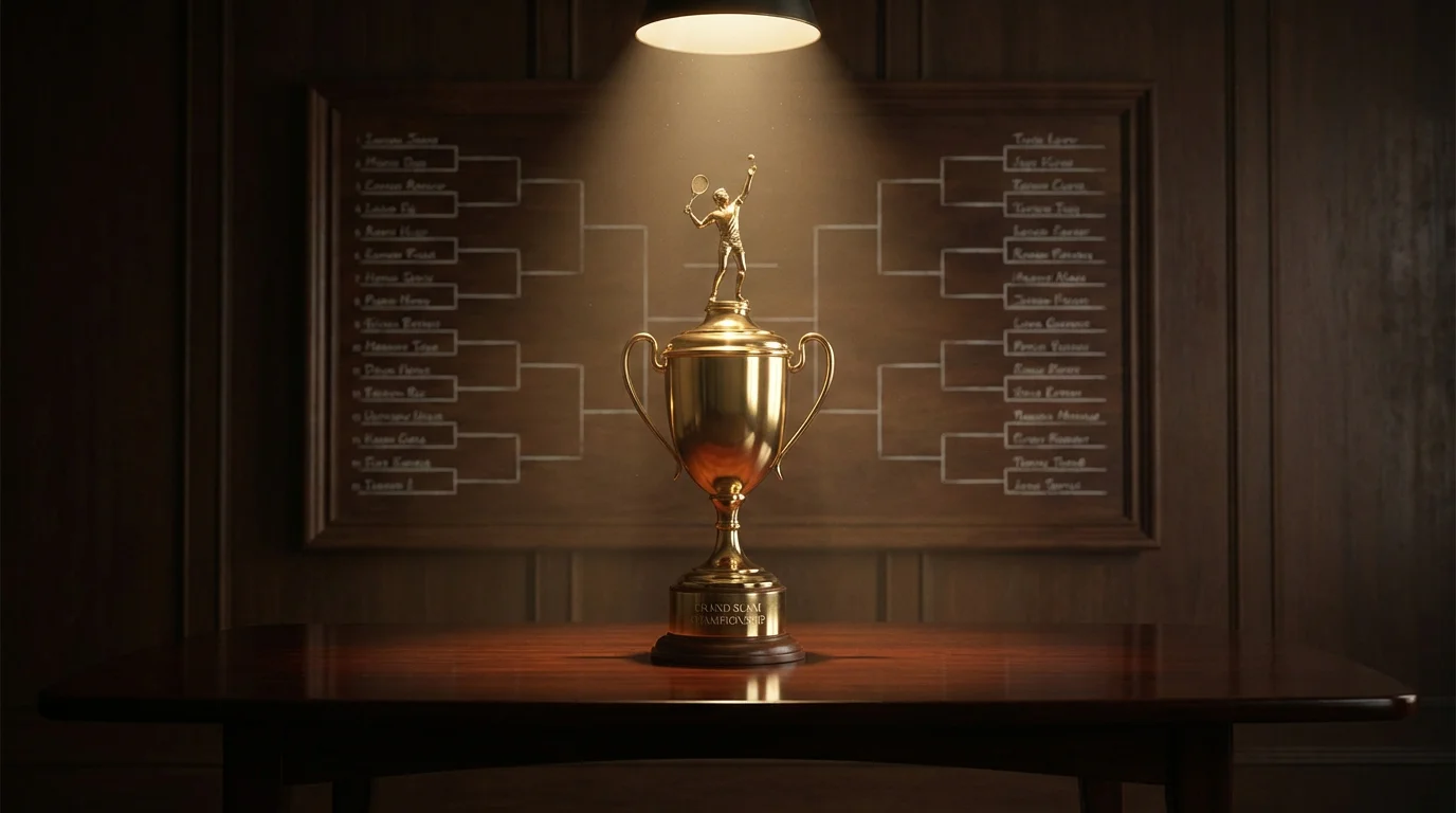 Trofeo de tenis dorado iluminado sobre una mesa con el cuadro de un torneo de fondo