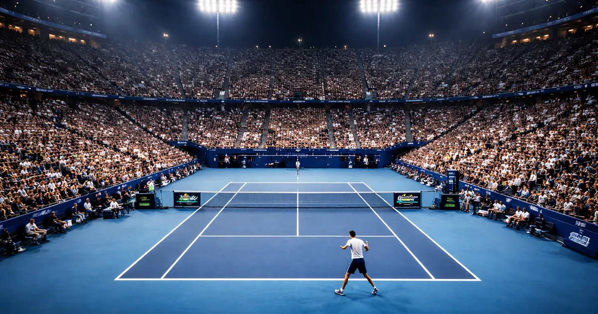 Pista de tenis de un torneo Masters 1000 con las gradas llenas de espectadores al atardecer