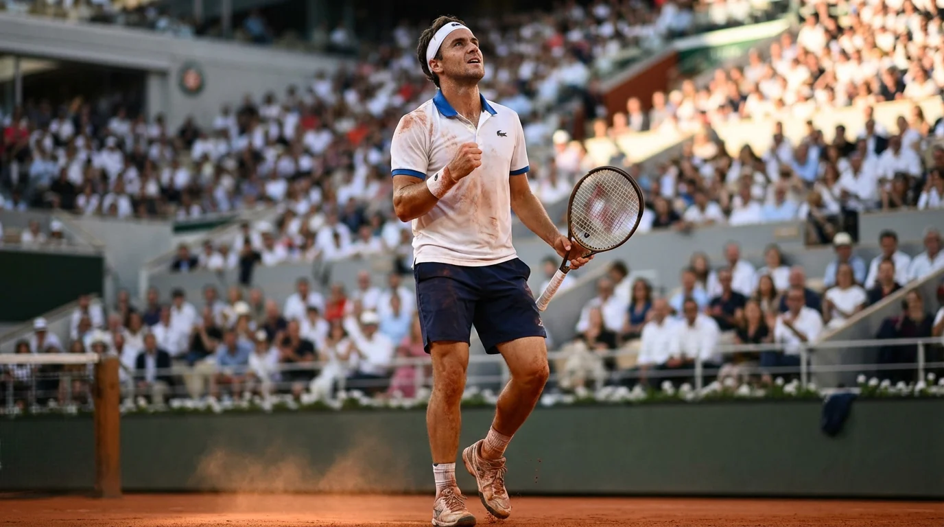 Tenista celebrando un break de servicio con el puño en alto en una pista de tierra batida