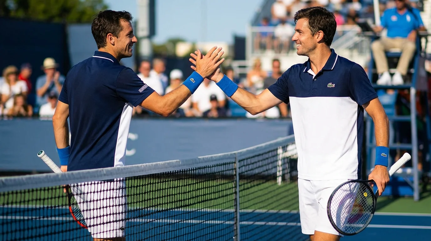 Pareja de dobles de tenis chocando las manos en la red durante un partido profesional
