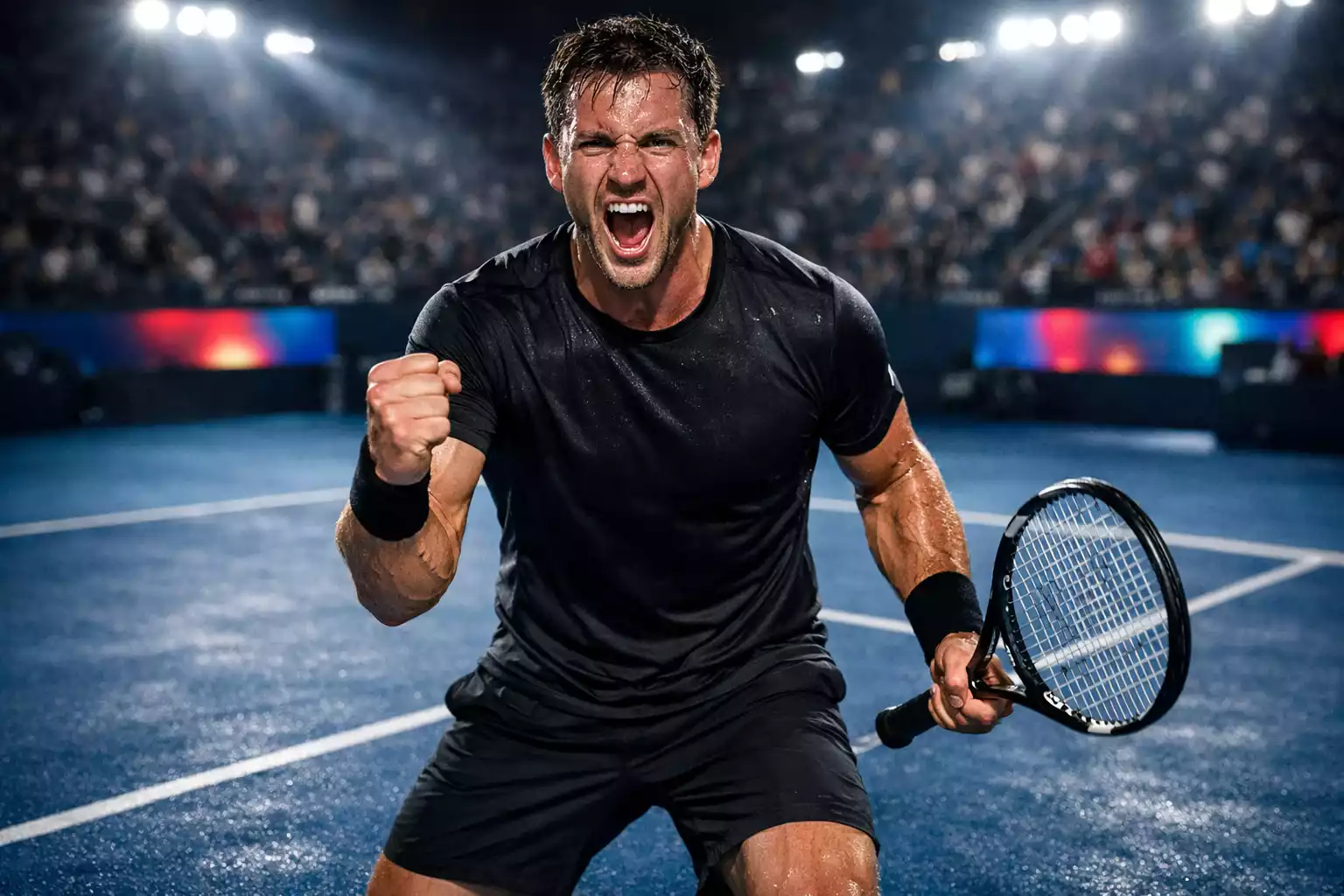 Tenista celebrando un punto ganado durante un partido de tenis nocturno