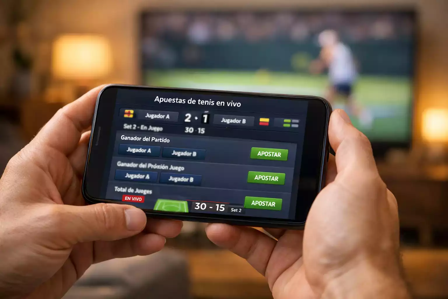 Aficionado siguiendo un partido de tenis en vivo desde su smartphone