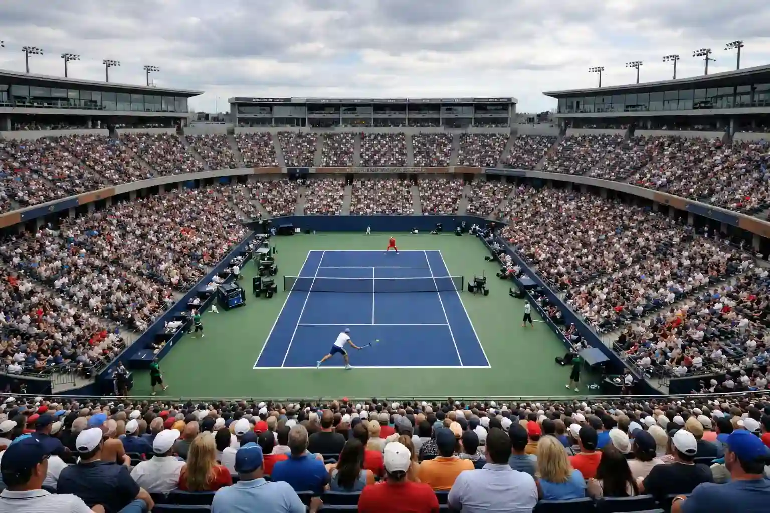 Vista panorámica de un estadio de tenis con público durante un torneo