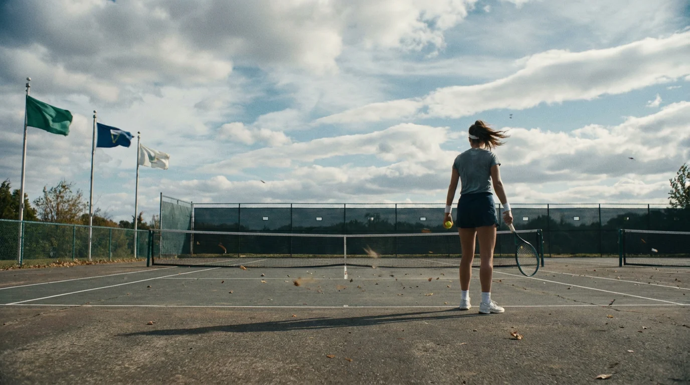 Pista de tenis al aire libre con banderas ondeando al viento bajo un cielo nublado