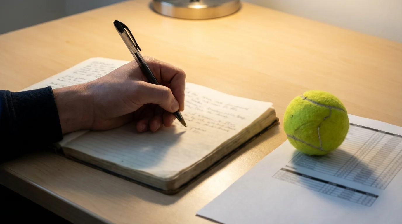 Mano de un apostador tomando notas con un bolígrafo junto a una pelota de tenis y un cuaderno abierto