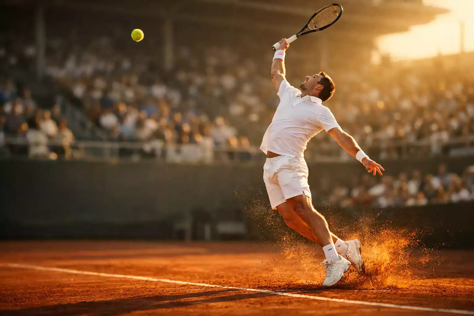 Tenista profesional ejecutando un saque potente en pista de tenis de tierra batida