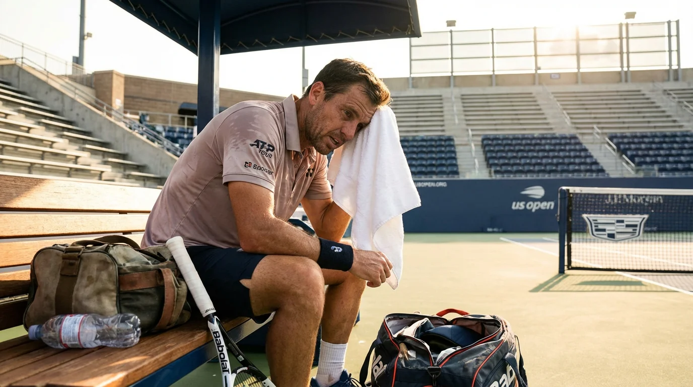 Tenista profesional secándose el sudor con una toalla durante un descanso en un partido de tenis