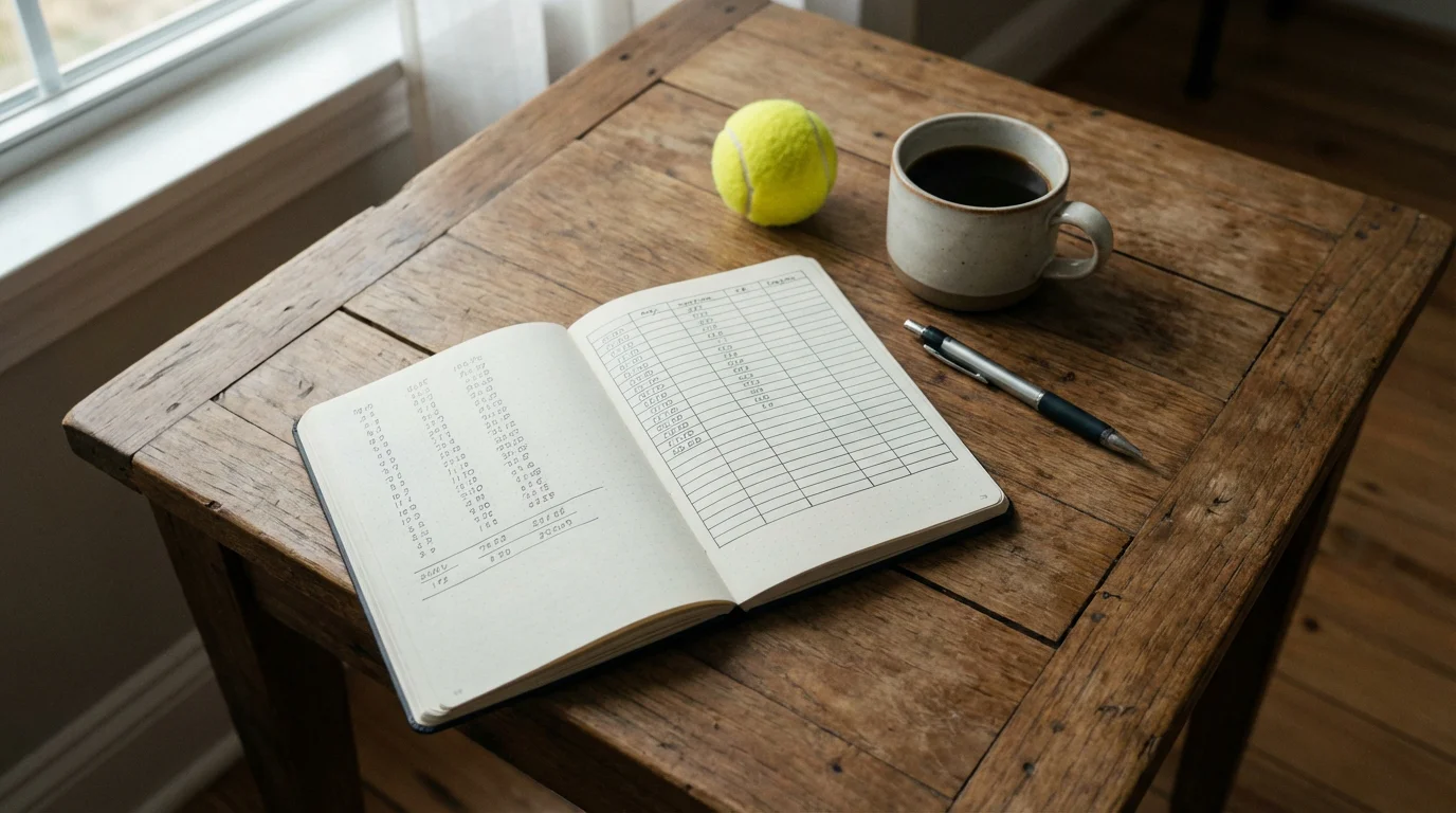 Libreta abierta con anotaciones de apuestas junto a una pelota de tenis sobre una mesa