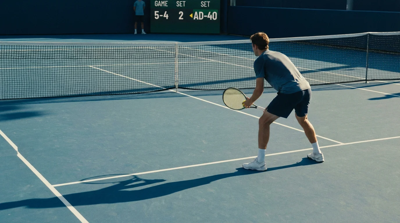Partido de tenis en pista dura con marcador de juegos visible en el estadio