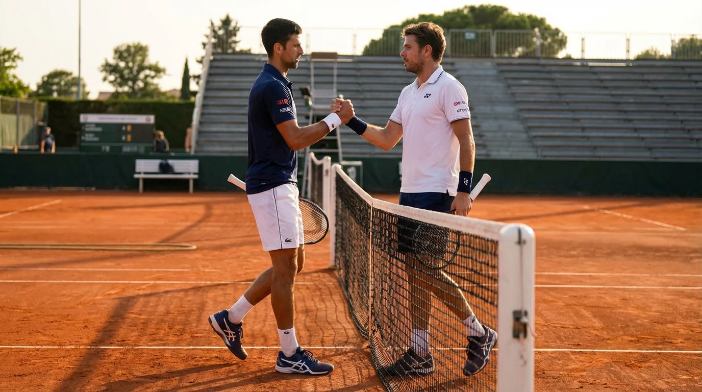 Dos tenistas profesionales frente a frente en la red de una pista de tenis antes de un partido