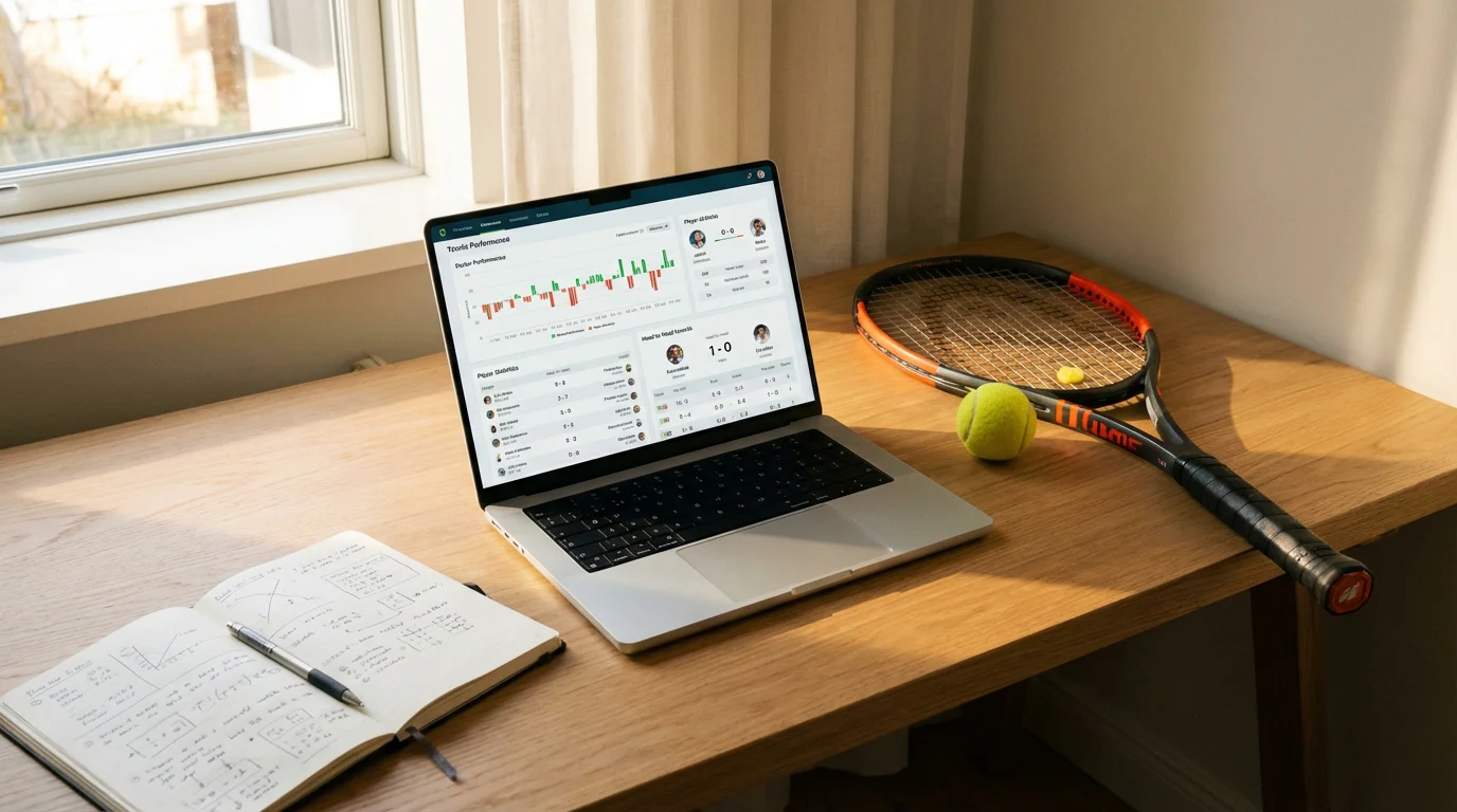 Portátil mostrando estadísticas de tenis junto a una raqueta sobre un escritorio iluminado