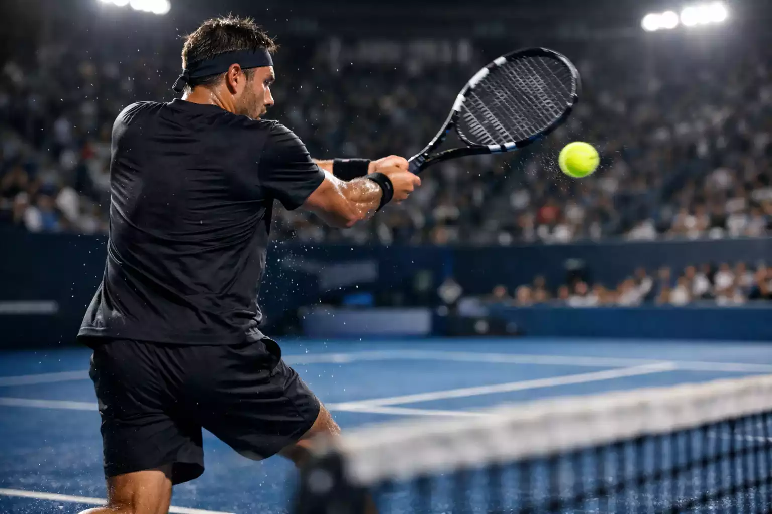 Jugador de tenis golpeando la pelota durante un intenso punto de partido