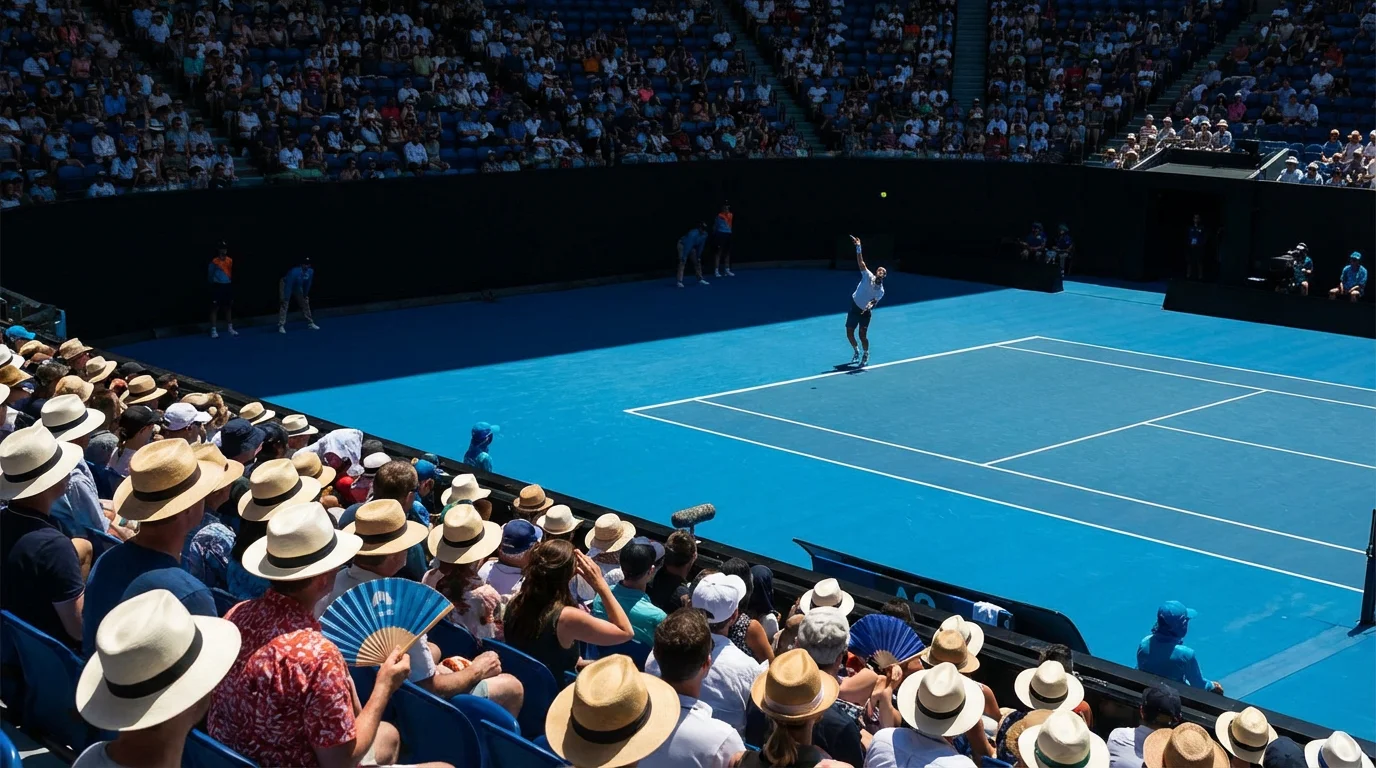 Estadio del Open de Australia con pista dura azul bajo el sol de Melbourne