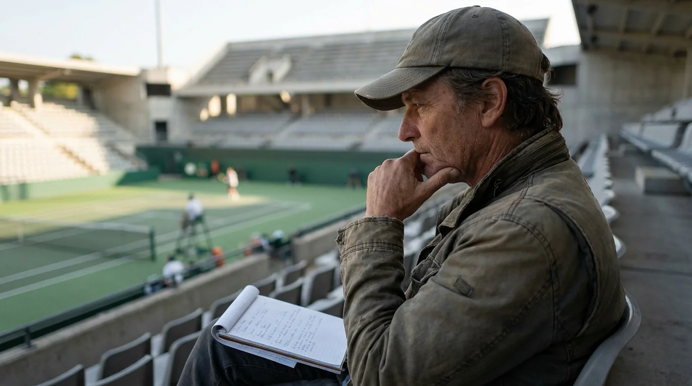 Persona concentrada analizando un partido de tenis desde las gradas con expresión serena y enfocada