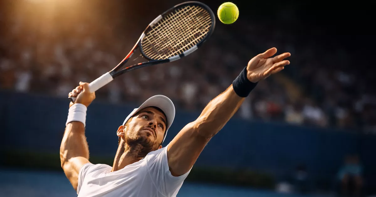 Tenista ejecutando un saque potente con pelota en el aire sobre pista dura