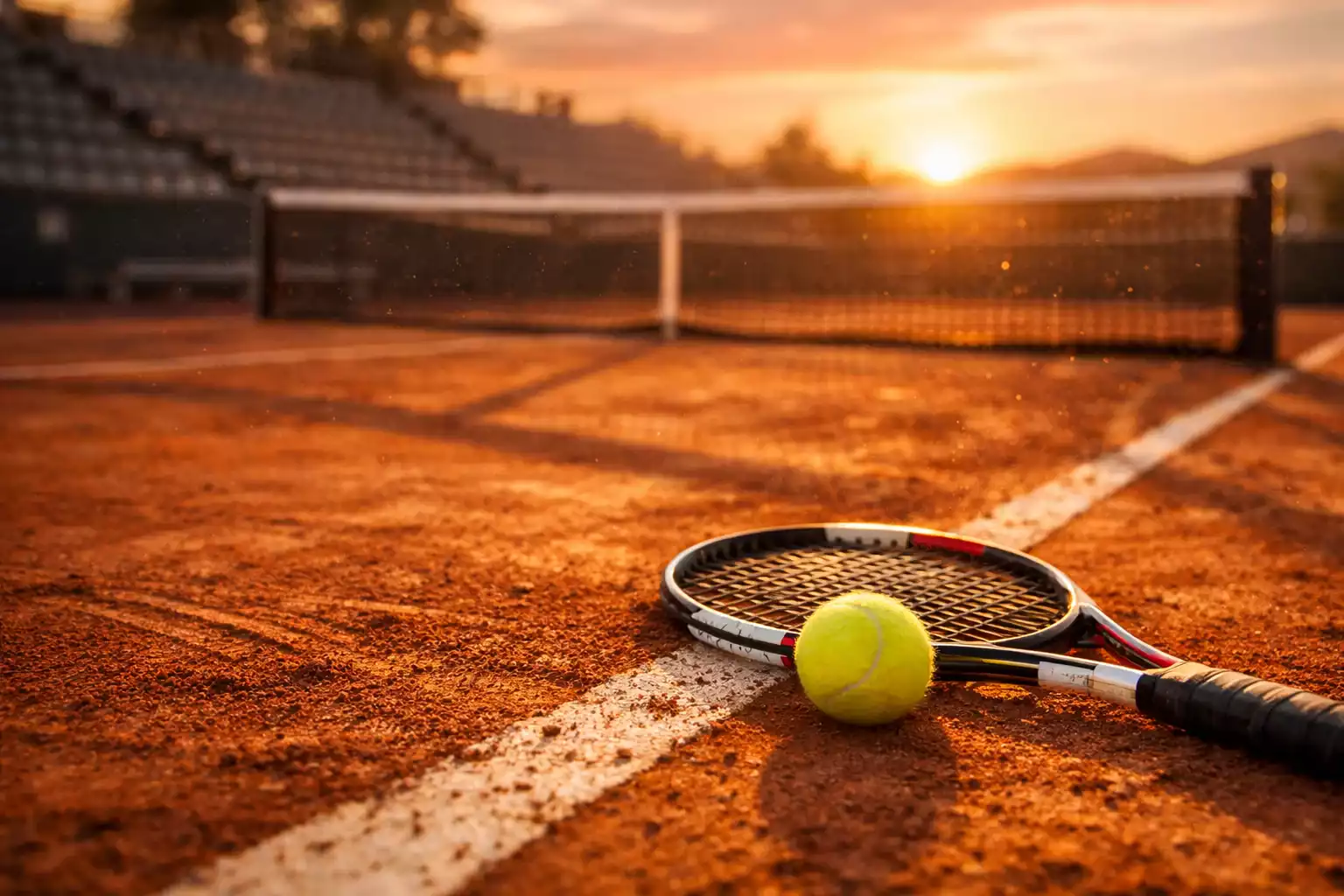 Pista de tenis de tierra batida con raqueta y pelota sobre la línea