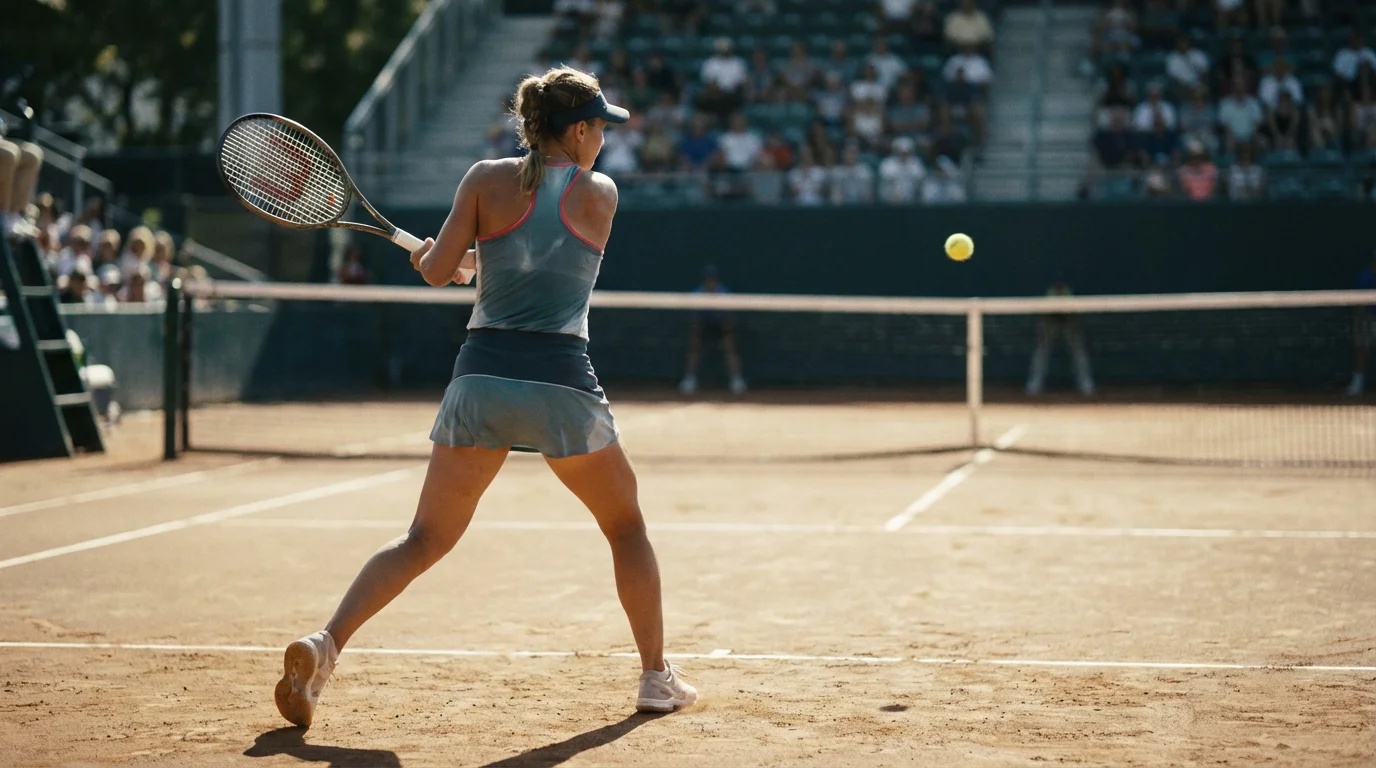 Jugadora de tenis profesional golpeando desde el fondo de la pista en un torneo WTA