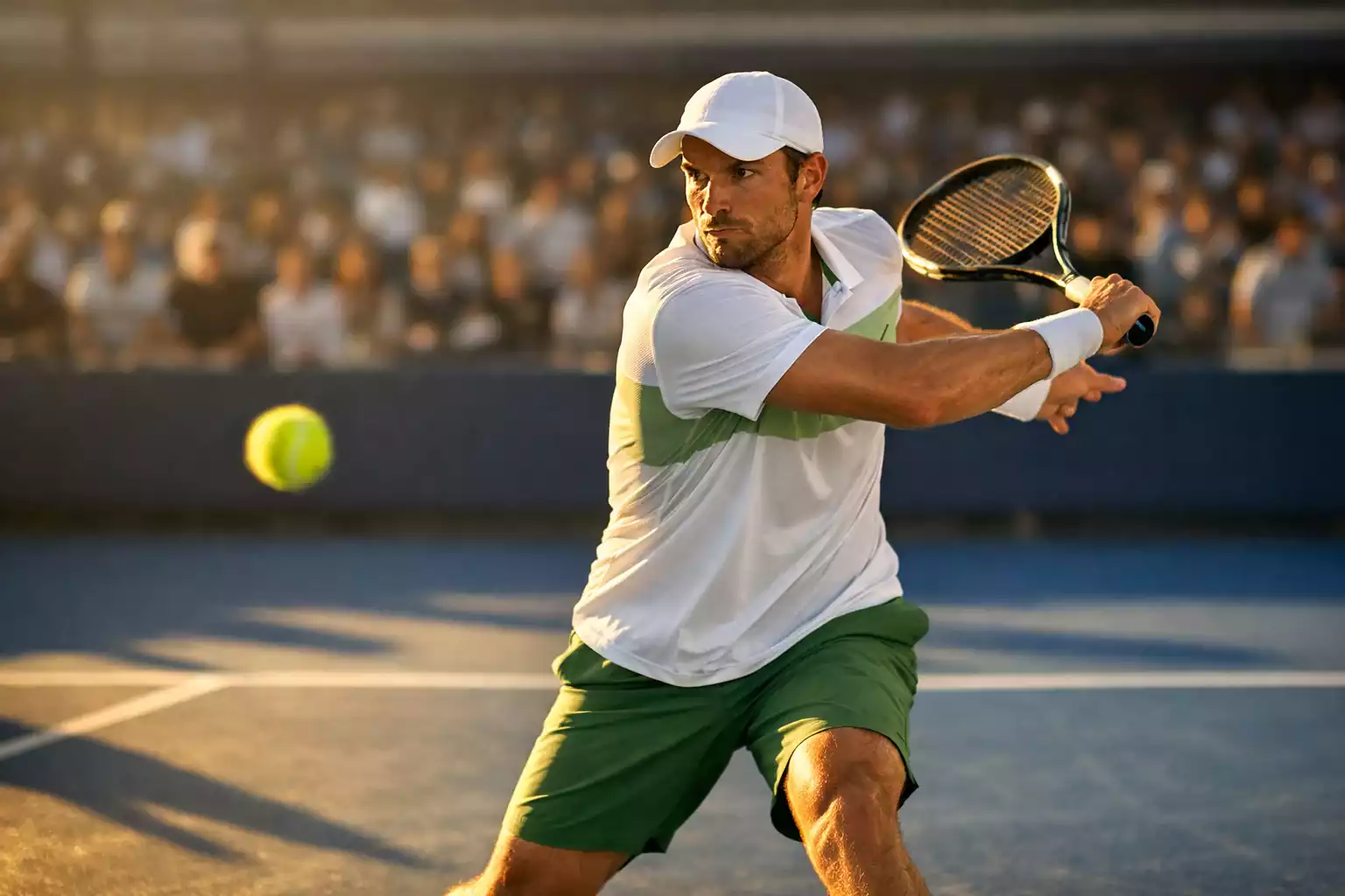 Tenista profesional en pista dura preparando un golpe de derecha