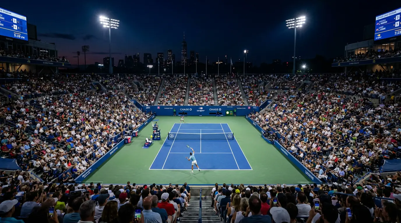 Estadio Arthur Ashe del US Open iluminado durante una sesión nocturna de tenis