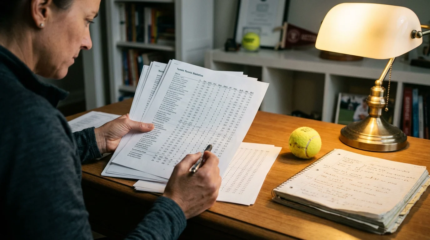 Persona analizando datos de tenis en un documento con bolígrafo y pelota de tenis al lado