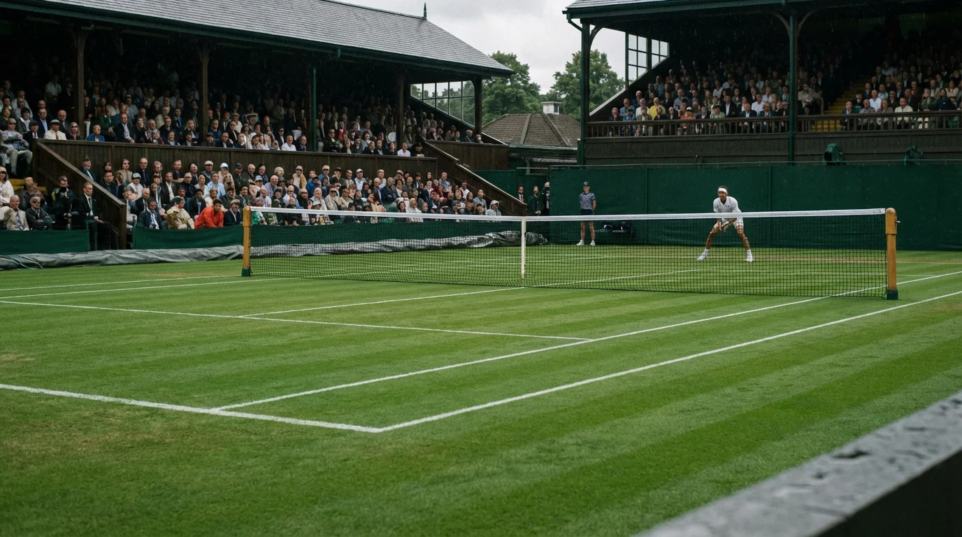 Pista de hierba de Wimbledon con césped verde cortado y líneas blancas marcadas